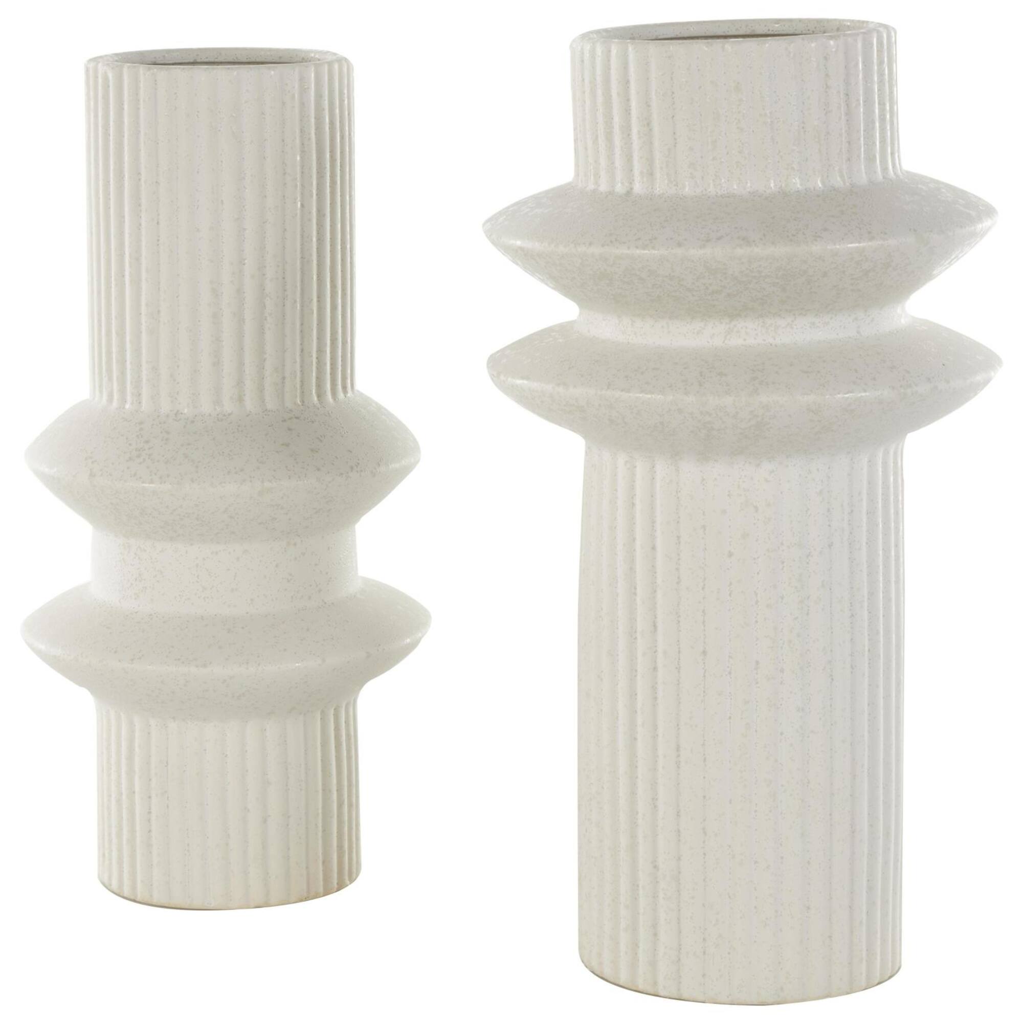 White Ceramic Abstract Ribbed Vase with Speckled Texturing